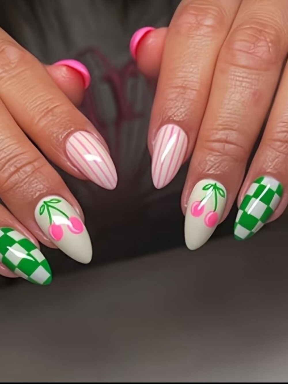 Striped Cherry Nail Set - Pink & Green Almond Nails